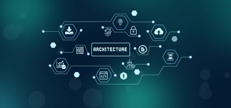 Digital technology architecture concept with network nodes representing cloud database and system security.