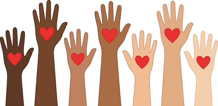 Diversity and inclusion concept with multicultural hands holding hearts vector illustration isolated on white background
