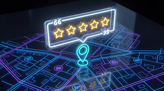 Five Star Review over a location pin on a maps background