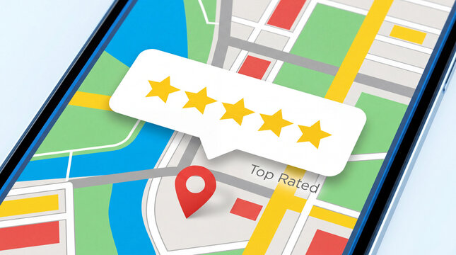 Five Star Review over a location pin on a maps background