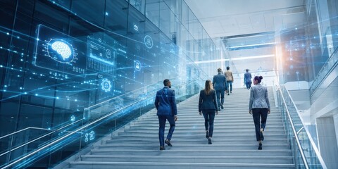 Obraz premium AI Business Team Ascending Corporate Atrium Staircase With Futuristic Data Interface