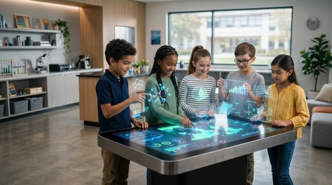 Interactive learning experience classroom of tomorrow students engaging with technology in modern environment