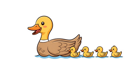 Fototapeta premium Cute cartoon mother duck swimming with four adorable ducklings. Charming animal characters with a warm family theme, perfect for children and educational designs.