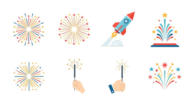 festival fireworks and rocket launch celebration icons