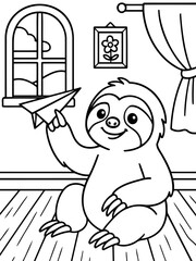 Fototapeta premium Cute Sloth Playing with Paper Airplane: An adorable, cartoonish sloth sits on a wooden floor, holding a paper airplane, with a window and a framed picture on the wall in the background.