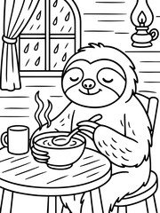 Fototapeta premium Cozy Sloth's Rainy Day Meal: A contented sloth enjoys a warm bowl of soup at a rustic table, with rain visible outside the window and a vintage lamp casting a soft glow.
