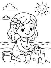Naklejka premium Beach Day Fun: A cheerful little girl joyfully builds a sandcastle on a sunny beach, her bucket and spade ready for more creative play under the beaming sun.