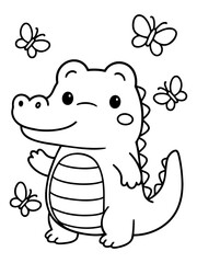 Fototapeta premium Cute Crocodile and Butterflies Coloring Page: A charming illustration of a happy crocodile with a wink, surrounded by whimsical butterflies, ready to be brought to life with color.