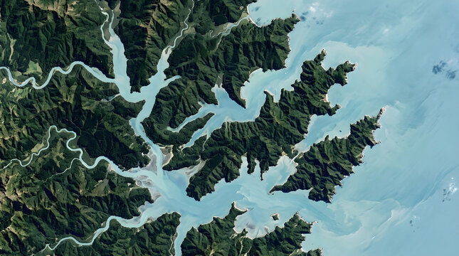 Coastal Remote Sensing analysis of complex indented shorelines featuring dense forest vegetation and turquoise sedimentation patterns captured from high altitude