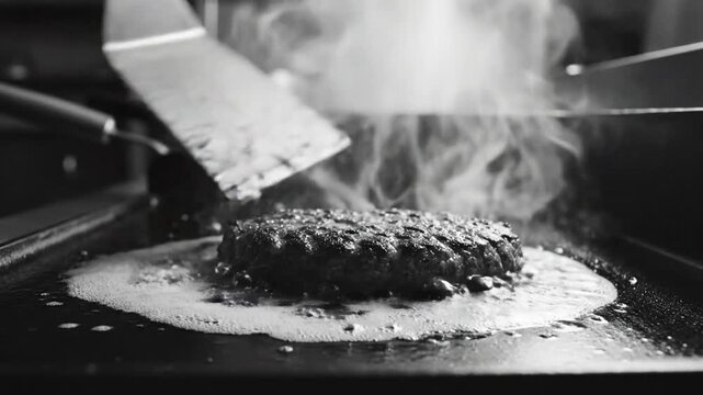 Black and white close up of a burger patty cooking on a griddle with steam and spatula