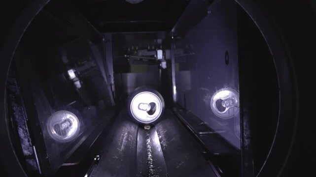 Empty aluminum can traveling on a conveyor belt inside a reverse vending machine, an automated process for collecting and recycling beverage containers for environmental sustainability