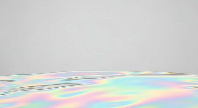 A close-up view of a shimmering, iridescent surface with a subtle wave pattern, reflecting a spectrum of pastel colors against a soft gray background.