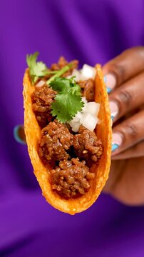 Delicious Beef Taco held by hand with blue nail art against purple background for food social media and restaurant marketing. Vertical. Video. Portrait Orientation.