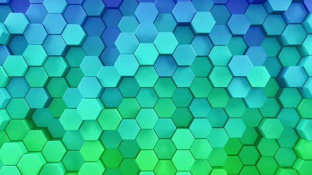 Shining hexagon background patterns. 3d render of hex shapes in a vivid rainbow of colorful looping movement. Hexagonal patterned visual of a brilliant gradient of repeating colors backgrounds. Loop.