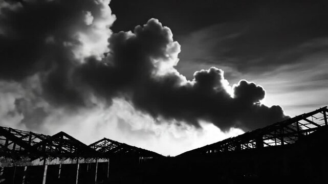 Dramatic monochrome view of dark clouds billowing over the skeletal remains of industrial structures under a stormy sky
