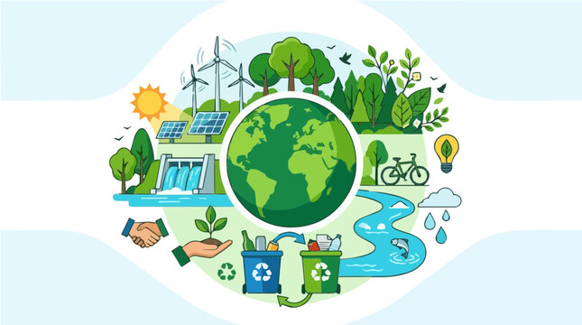 Eco friendly green planet earth with renewable energy sources recycling and sustainable environment vector illustration