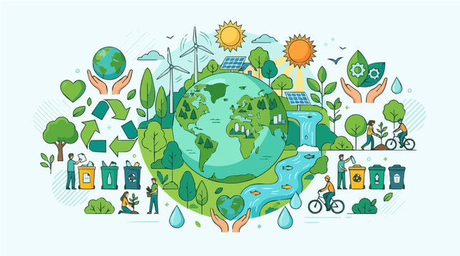 Green Ecology Concept Illustration with Earth Globe Wind Turbines and Solar Energy for Environmental Care