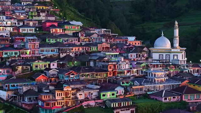 Aerial view of Stunning mountain village panorama with mosque, terraced hills, and colorful countryside homes in a serene tropical setting. Nepal Van Java, Indonesia.