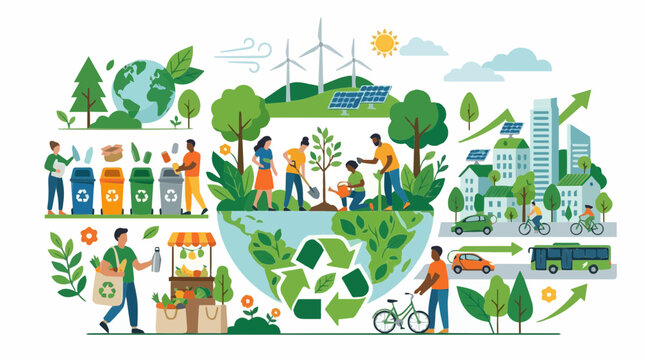 Eco friendly green lifestyle and environmental sustainability vector illustration with recycling planting trees and renewable energy