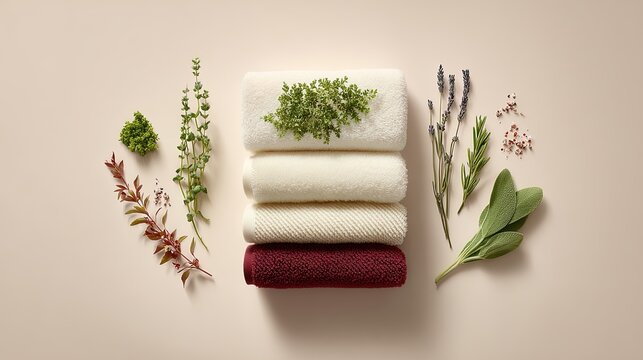 Stack of folded towels in cream and burgundy colors surrounded by sprigs of fresh green herbs and dried lavender flowers