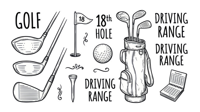 Golf Equipment and Driving Range Elements Hand-Drawn Sketch Style