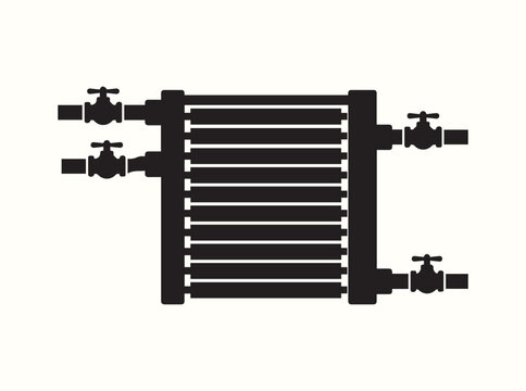 Technical drawing style silhouette of an automotive hydrogen fuel cell assembly with fluid inlets