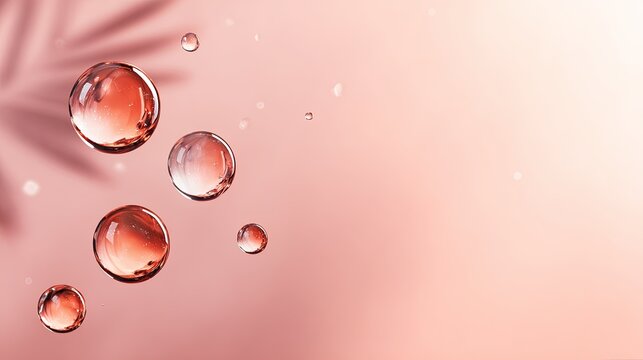 Clear transparent liquid droplets floating against a smooth soft pink gradient background with palm leaf shadow patterns
