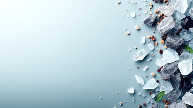 Scattered clear rock salt crystals and dark mineral stones arranged on a smooth light blue background surface