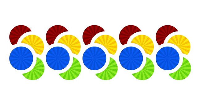 A white background with scattered groups of colorful overlapping circle fan shapes in green blue red and orange pattern layout