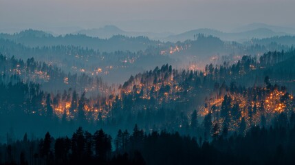 Fototapeta premium Smoky Landscape of a Forest Fire at Dusk with Glowing Embers Amidst Dense Trees and Mountainous Background in Soft Blue and Gray Tones