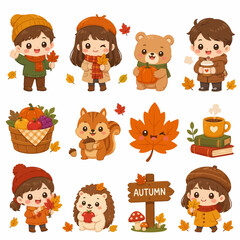 Autumn sticker set with cute characters and fall objects. © adit