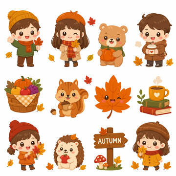 Autumn sticker set with cute characters and fall objects.