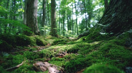 Fototapeta premium Lush green moss carpets the forest floor near the base of mature trees on a sunny day.