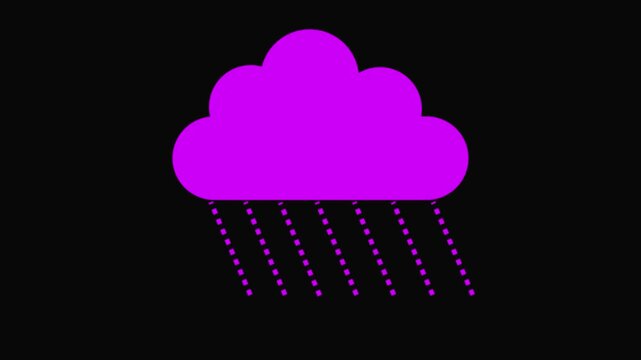 Purple Cloud with Rain Drops on Black Background Weather Rainy Day Symbol Magenta Cloud with Falling Droplets Isolated Meteorological Sign.