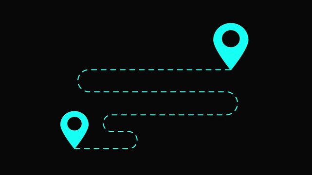 Navigation Route Map with Dotted Line and Location Pins on Black Background for Travel and Direction Concepts.