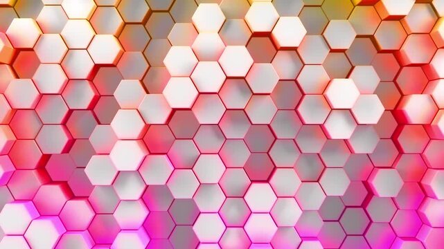 3d rendered hexagonal background patterns. Hex shape collage in a rainbow of glowing colors in a smooth looping movement creating a hexagon patterned visual of neon vivid colors backgrounds. Loop.