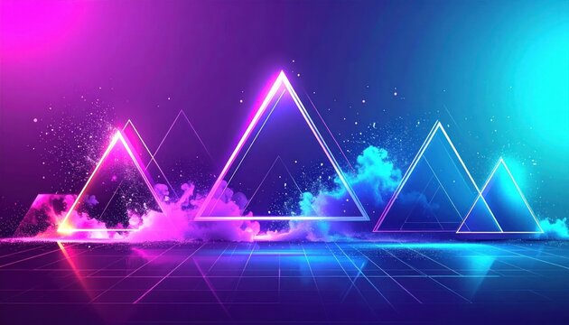 Neon triangles and clouds overlay a grid in vibrant pink, purple, and teal gradients
