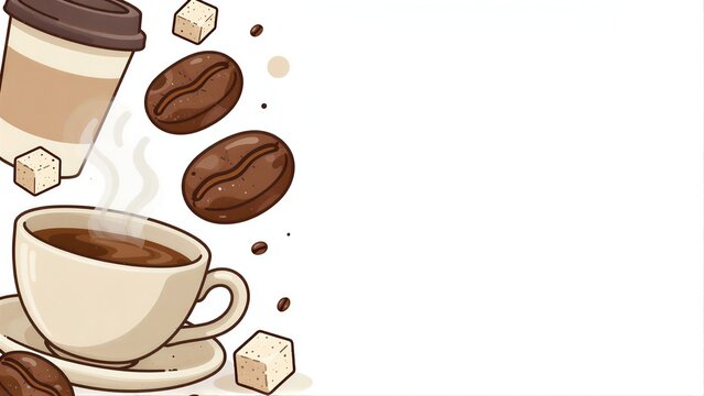 Coffee beans cup and sugar cubes float beside steaming coffee