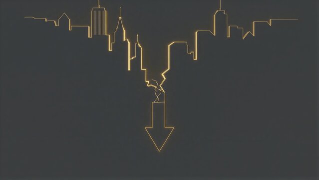 Golden city skyline collapses into downward arrow symbolizing
