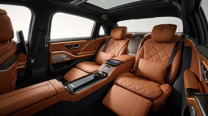 Naklejka premium Luxurious leather interior of a modern executive sedan with reclining seats.