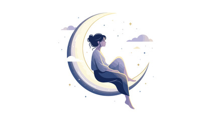 Woman Sitting on Crescent Moon, Dreaming Under Starry Night Sky © jono