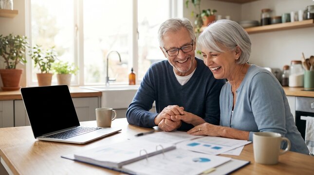 Happy senior couple reviewing financial documents and planning retirement at home