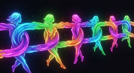 Obraz premium Women’s equality: glowing neon women holding hands in connected chain with equality connection solidarity empowerment