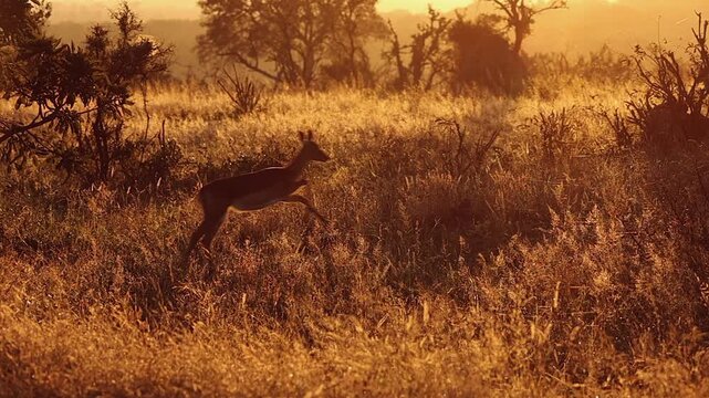 Impala antelope bounds into frame and leaps through golden hour grass