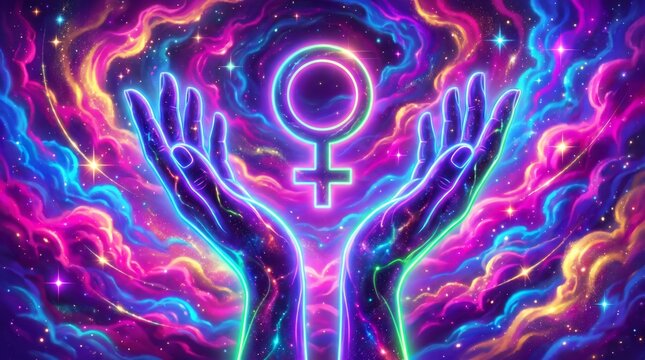 Women&rsquo;s equality hands holding glowing venus symbol in nebula cloud with equality feminine empowerment universe
