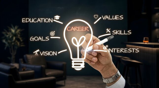 Career development concept with hand drawing light bulb