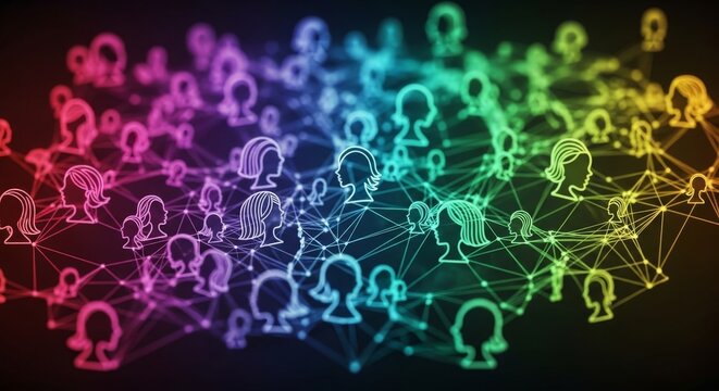 Women&rsquo;s equality network of connected people silhouettes on abstract digital background with equality, connections