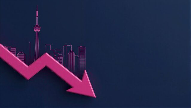 Pink arrow points down against city skyline symbolizing economic