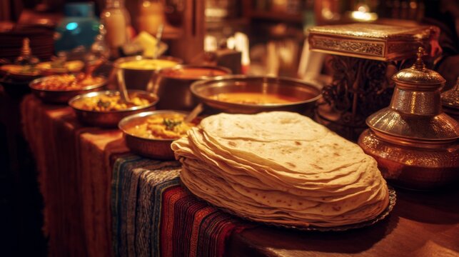 Traditional Food Display Featuring Flatbread, Curry Dishes, and Colorful Spices in a Warm-Hued Dining Setting Capturing Rich Cultural Heritage and Culinary Artistry