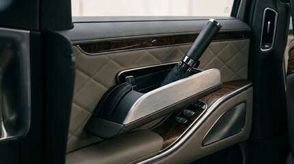 Naklejka premium Luxury car interior door panel with integrated umbrella storage compartment.